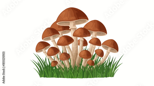 Group of browncapped mushrooms emerging from green grass against a white background