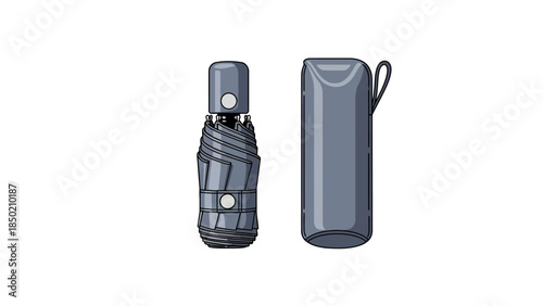 Illustration of a closed compact umbrella next to its storage sleeve