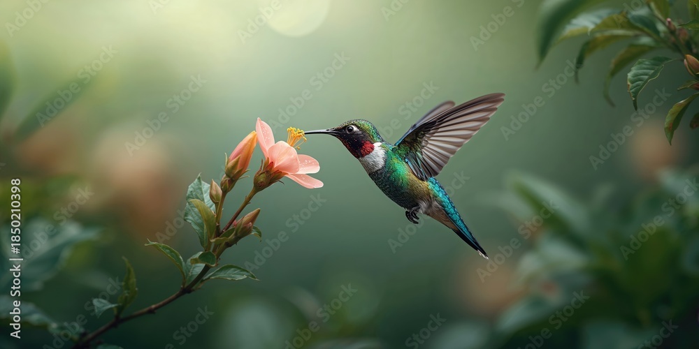 Fototapeta premium Hummingbird feeding on a vibrant pink blossom, illustrating nature's pollination process, in natural light, World Biodiversity Day