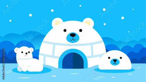 Cartoon polar bears near an igloo in winter