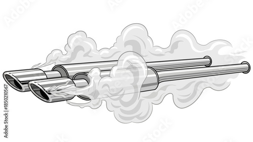 Illustration of four chrome exhaust tips emitting thick plumes of gray smoke