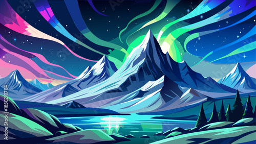 Aurora borealis over snowy mountain range