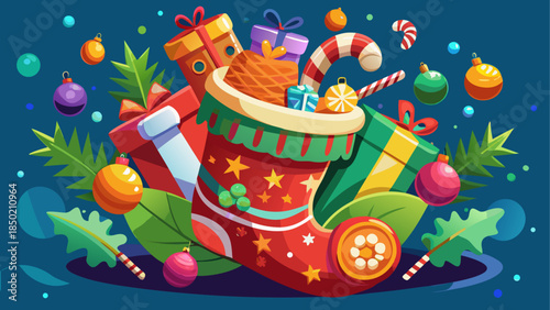 Christmas stocking with gifts and candies