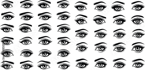 Diverse set of female eye designs with various eyeliner and lash styles