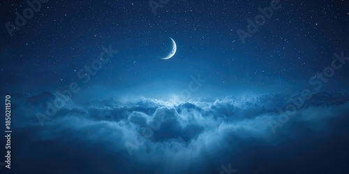 Starry sky with a half moon in scenic cloudscape, ideal for nighttime sky wallpaper or astronomy visual