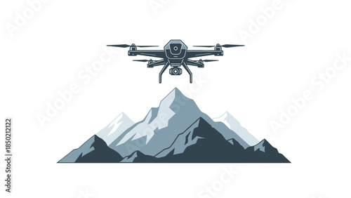 Pixel art drone hovering above blue and gray mountain range illustration
