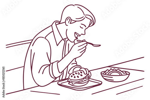 Minimalist line drawing of man eating food at dining table