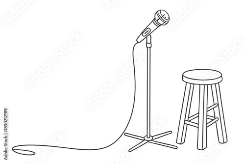 Microphone and stool stand live show minimalist line art illustration