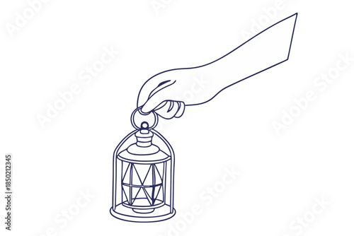 Hand holding vintage lantern outline calm night light concept artwork