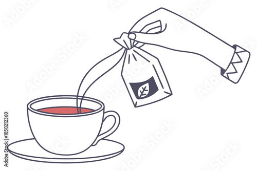 Hand holding tea bag above cup relaxing hot drink concept illustration
