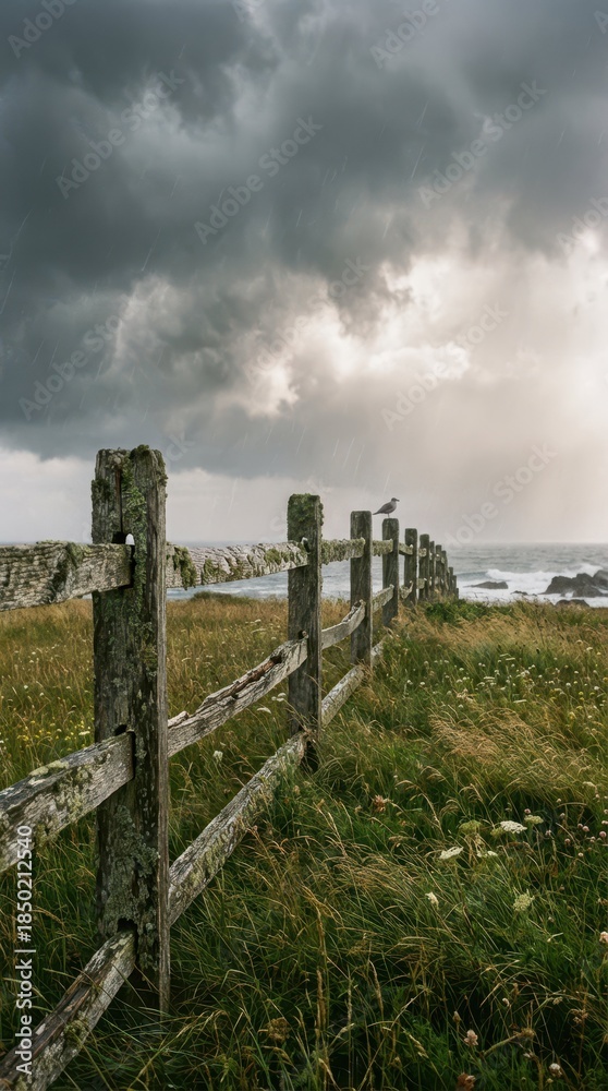 Fototapeta premium Stormy Sky Over Coastal Fence with Grass and Ocean View