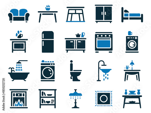 A collection of stylish furniture and appliance icons in blue, suitable for home design projects.