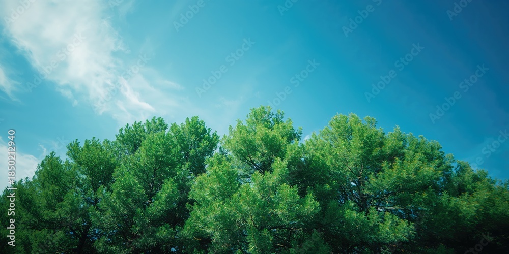 Obraz premium High green pine forest canopy under clear blue sky, suitable for environmental or seasonal design