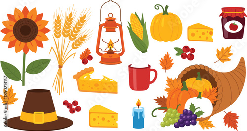 Large collection of Thanksgiving and autumn harvest vector icons featuring sunflower pumpkins cornucopia wheat lantern and pilgrim hat for seasonal holiday greeting cards and branding