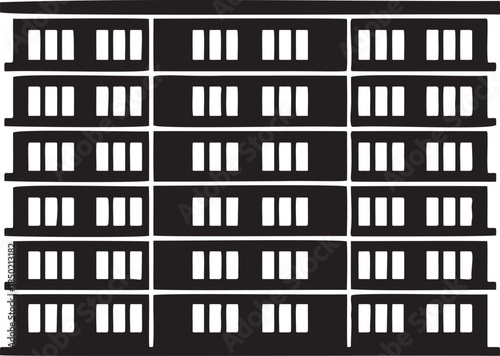 Black and white graphic illustration of a multi story building facade with repeating window patterns