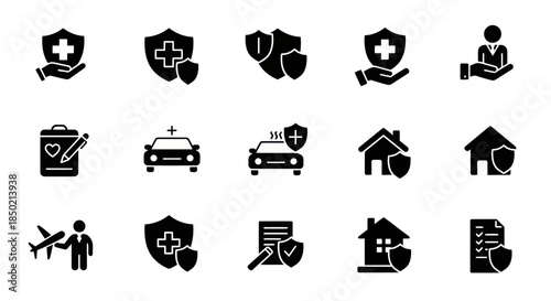 A grid of fifteen blackandwhite vector icons depicting various insurance concepts