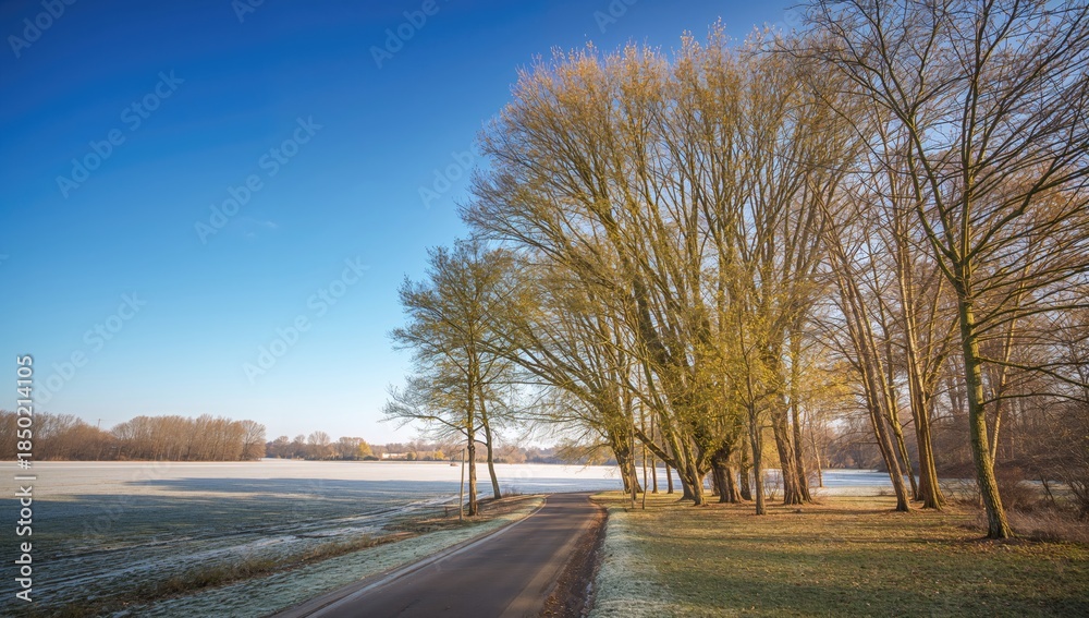 Fototapeta premium Missouri River park trees leaves, urban green space during fall
