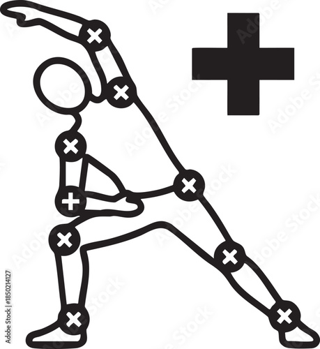 Black line art human figure in yoga pose with joint markers and plus symbol warrior