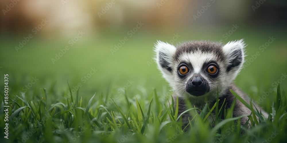 Obraz premium Lemur sitting on green grass, illustrating animal behavior in a natural environment