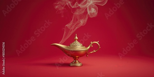 Golden magic lamp with swirling smoke against a red backdrop, magical object for storytelling and wish granting, World Fairy Tale Day