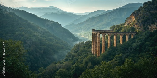 Viaduct spanning a canyon in a natural park, highlighting infrastructure integration with rugged landscape, Earth Day