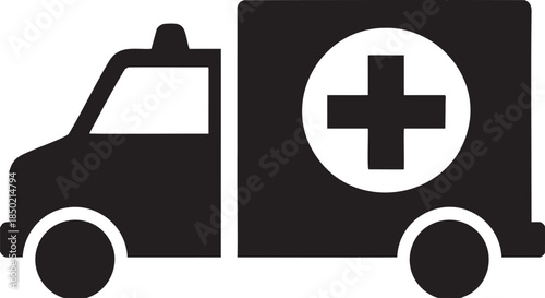 Black silhouette of an ambulance with a white cross symbol on the side vehicle medical