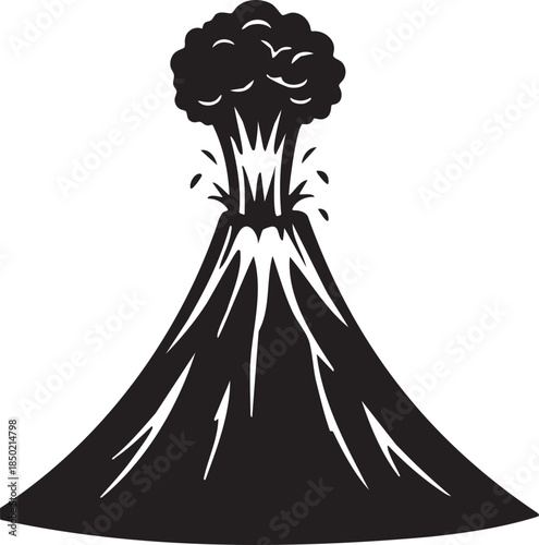 Black silhouette of an erupting volcano with smoke and lava splashes eruption mountain
