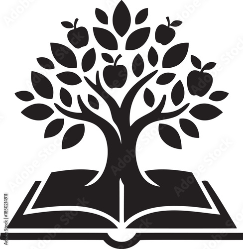 Black silhouette of an open book with a tree bearing apples growing from its pages fruit
