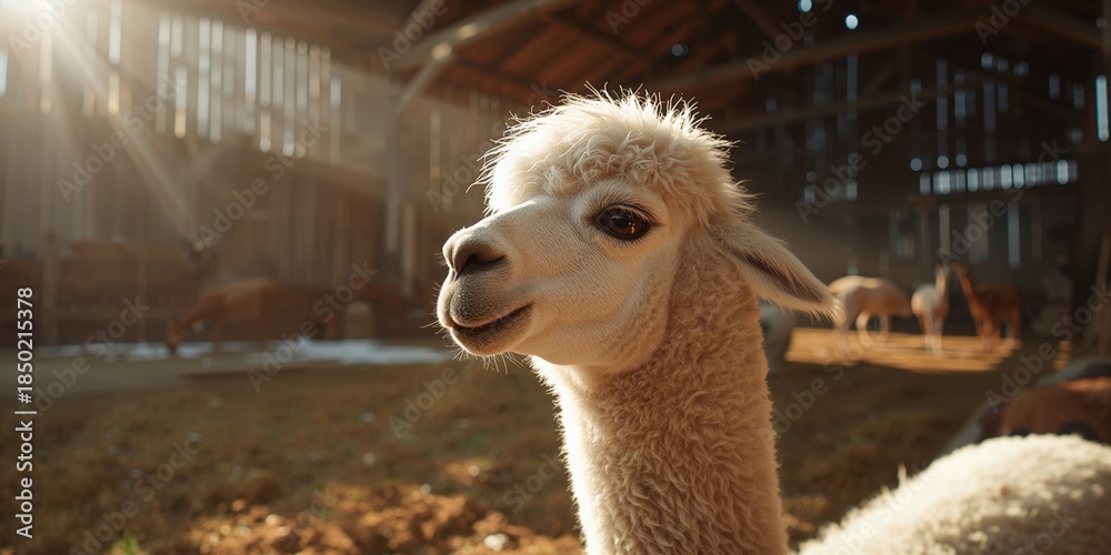 Fototapeta premium White llama feeding on fresh grass inside a barn, highlighting livestock care techniques