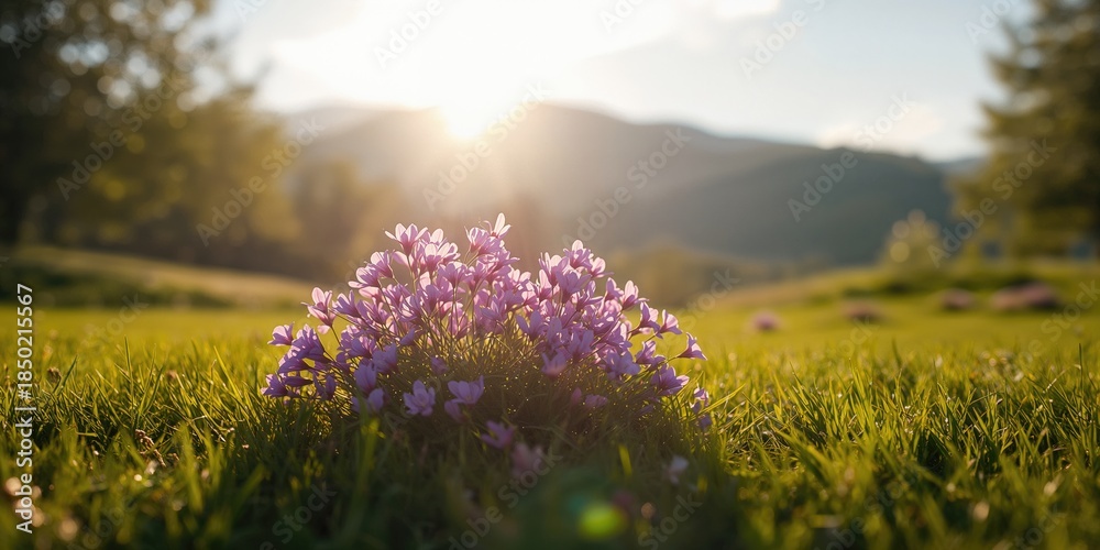 Obraz premium Violet flowers blooming across a lush green meadow, suitable for decorative purposes or editorial headers