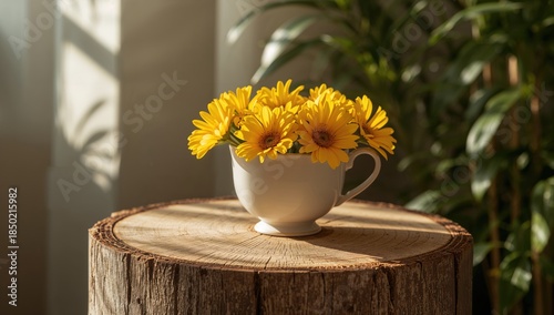 Yellow cup flowers placed on a wooden trunk, serving as a floral display for a natural-themed event