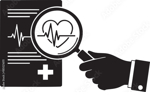 Hand holding magnifying glass over medical document with heart and heartbeat vector