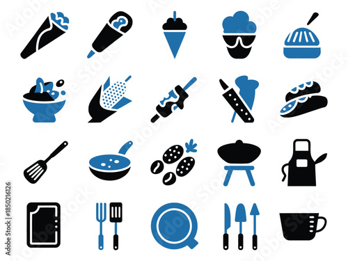 Collection of food icons showcasing desserts and kitchen utensils in blue and black, perfect for culinary themes.