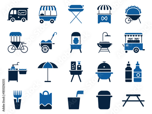 A collection of blue icons depicting various food carts, grills, and picnic essentials for outdoor enjoyment.