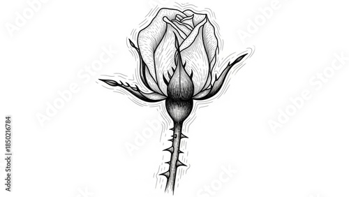 Detailed Black and White Rose Bud Pencil Sketch with Thorns Isolated on White Background