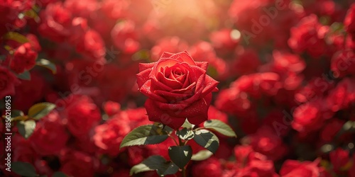 Red rose flower blooming in a roses garden with vibrant background, seasonal floral display