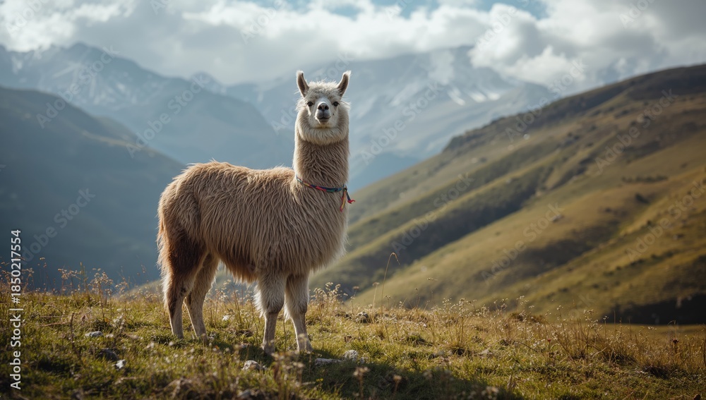Fototapeta premium Llama a South American Camelid adapted to mountainous regions, ideal for wildlife background
