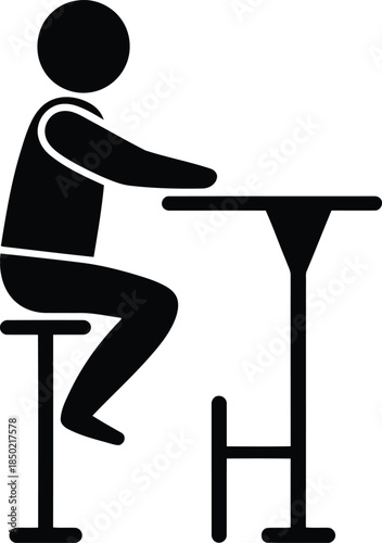 A black stick figure person sits on a bar stool at a tall standing table
