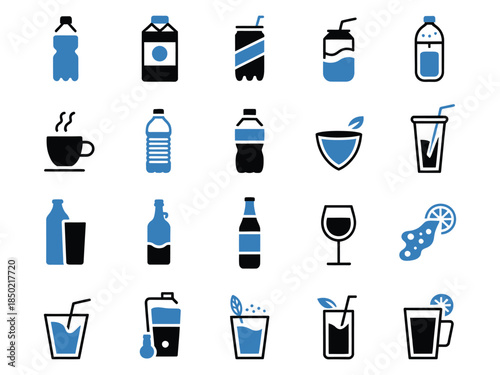 A collection of beverage icons in blue and black, featuring various drinks like soda, juice, and coffee.