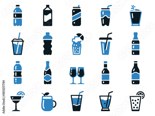 A stylish collection of various drink icons, including soft drinks and cocktails in blue and black hues.