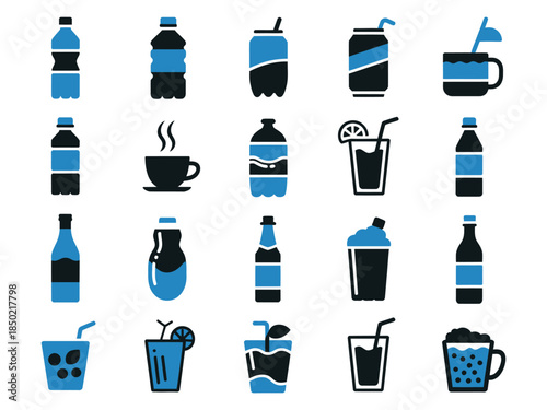 A diverse collection of beverage icons in blue and black, featuring sodas, water bottles, and cocktails.