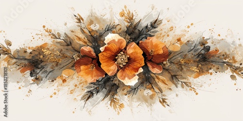 Abstract oil painting of plants and flowers with freehand brushstrokes, textured surface, Modern Art