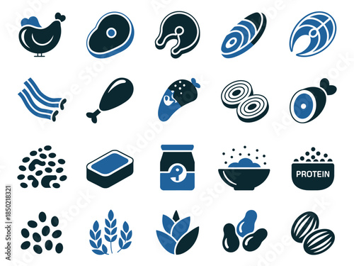 A diverse collection of protein-rich food icons, featuring chicken, beef, seafood, and legumes, with a modern graphic design.