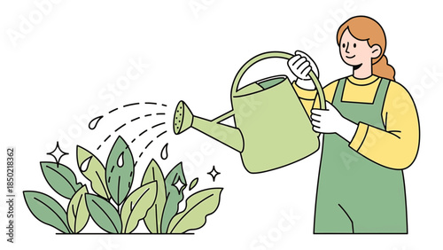 Woman in green apron watering lush plants with a watering can