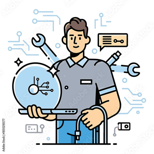 Technician with magnifying glass and tools for technical support and repair