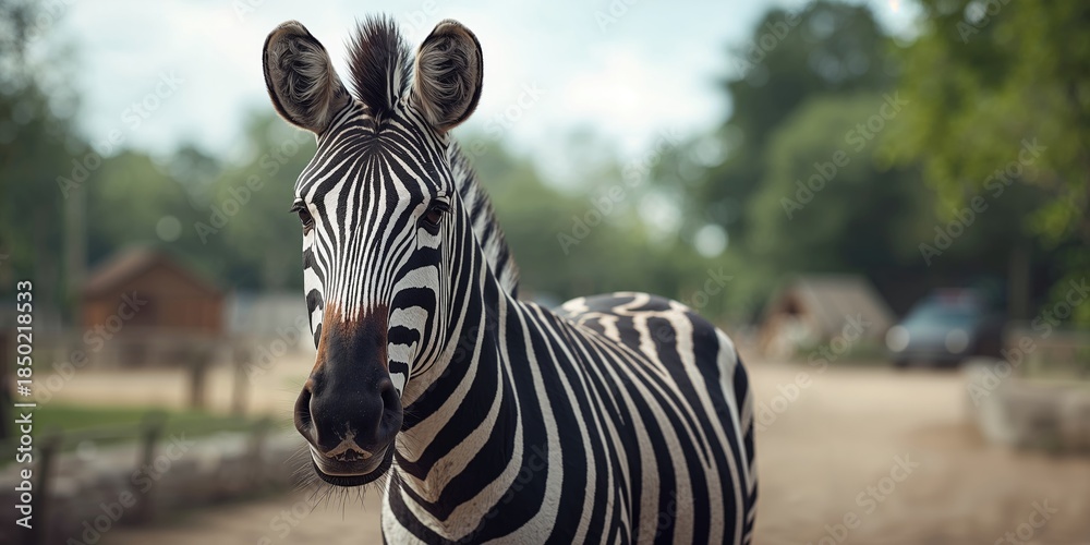 Naklejka premium Zebra's head in detail highlighting stripe contrast, suitable for nature education backgrounds