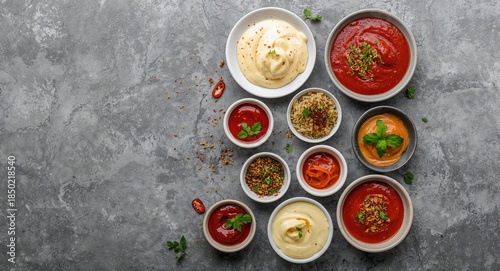 Wallpaper Mural Set of various sauces with spices on gray stone background, condiment variety and culinary use Torontodigital.ca