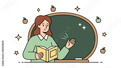 Friendly teacher explaining lesson with book in hand near chalkboard