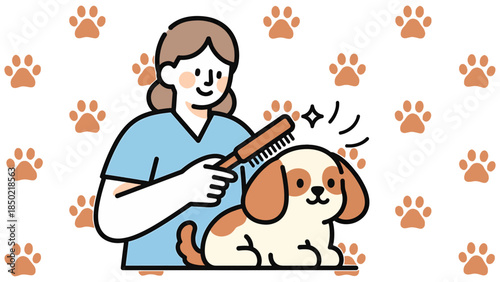 Woman grooming happy dog with brush in professional pet salon