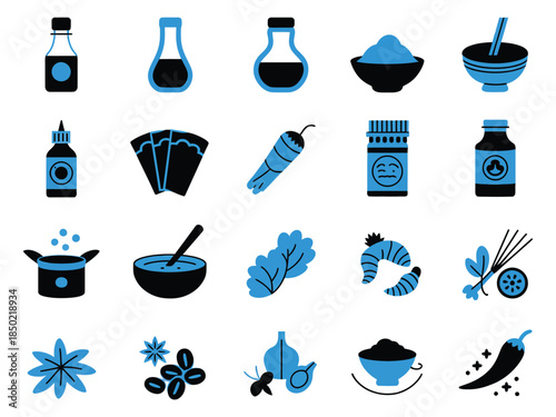 A vibrant collection of blue and black food icons representing various culinary ingredients and tools.